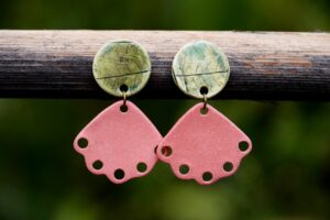 Each piece is handmade from porcelain clay and fired twice or three times in the kiln around 1200 degrees. Pottery is my passion and I love to discover new techniques, glazes, oxides or materials to play with and make extraordinary high quality jewellery. I also use hypoallergenic stainless steel and silver studs/hooks.