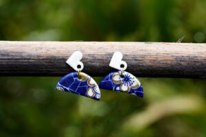 Each piece is handmade from porcelain clay and fired twice or three times in the kiln around 1200 degrees. Pottery is my passion and I love to discover new techniques, glazes, oxides or materials to play with and make extraordinary high quality jewellery. I also use hypoallergenic stainless steel and silver studs/hooks.