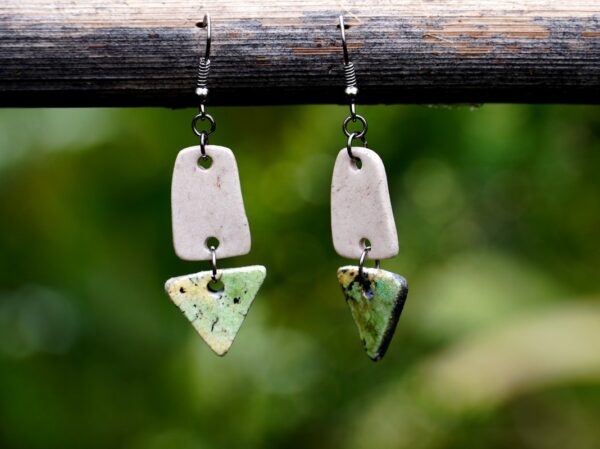 Each piece is handmade from porcelain clay and fired twice or three times in the kiln around 1200 degrees. Pottery is my passion and I love to discover new techniques, glazes, oxides or materials to play with and make extraordinary high quality jewellery. I also use hypoallergenic stainless steel and silver studs/hooks.
