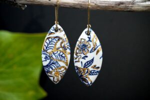 Each piece is handmade from porcelain clay and fired twice or three times in the kiln around 1200 degrees. Pottery is my passion and I love to discover new techniques, glazes, oxides or materials to play with and make extraordinary high quality jewellery. I also use hypoallergenic stainless steel and silver studs/hooks. Blue print gold luster earrings