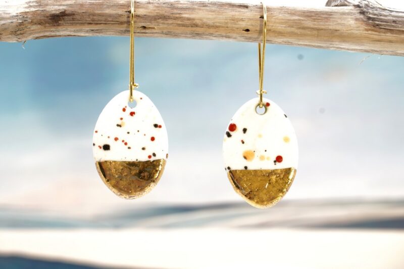 Each piece is handmade from porcelain clay and fired twice or three times in the kiln around 1200 degrees. Pottery is my passion and I love to discover new techniques, glazes, oxides or materials to play with and make extraordinary high quality jewellery. I also use hypoallergenic stainless steel and silver studs/hooks.